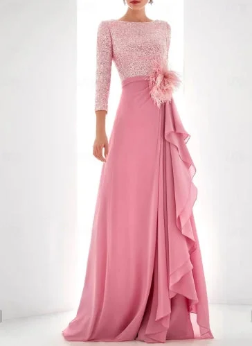 A-Line Evening Gown Asymmetrical Long Sleeve High Neck Chiffon with Feather Pearls Sequin