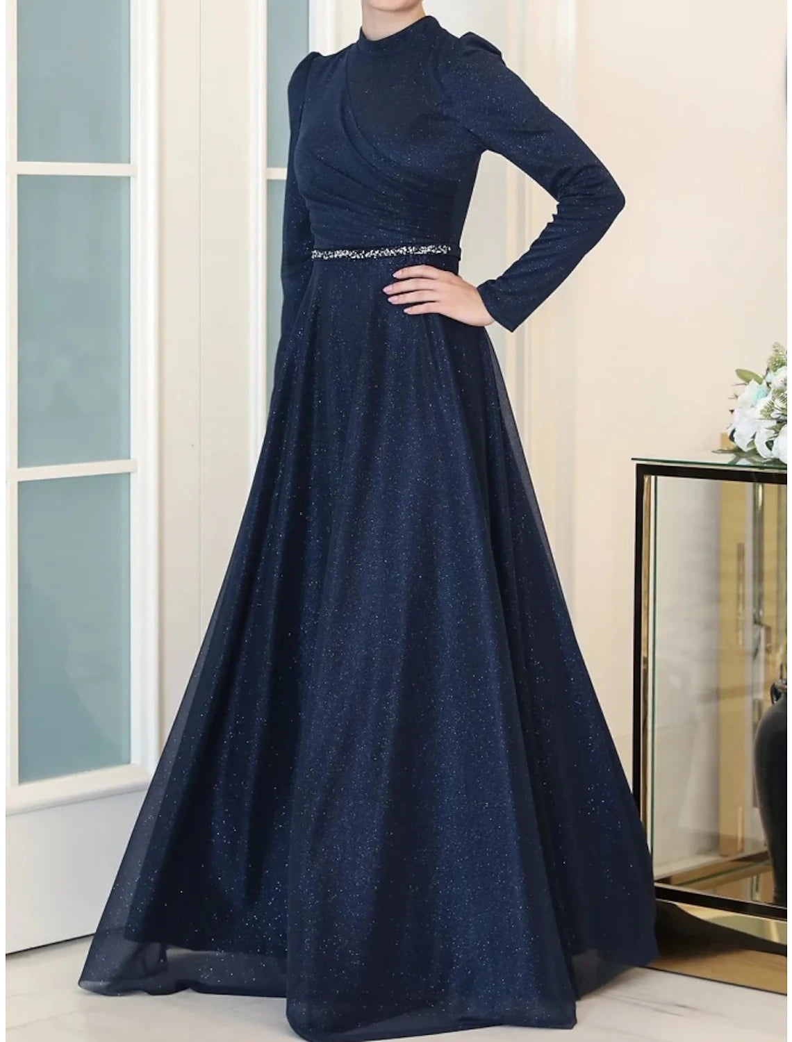 A-Line Evening Gown Elegant Dress Formal Floor Length Long Sleeve High Neck Lurex Fabric with Rhinestone Pleats Ruched