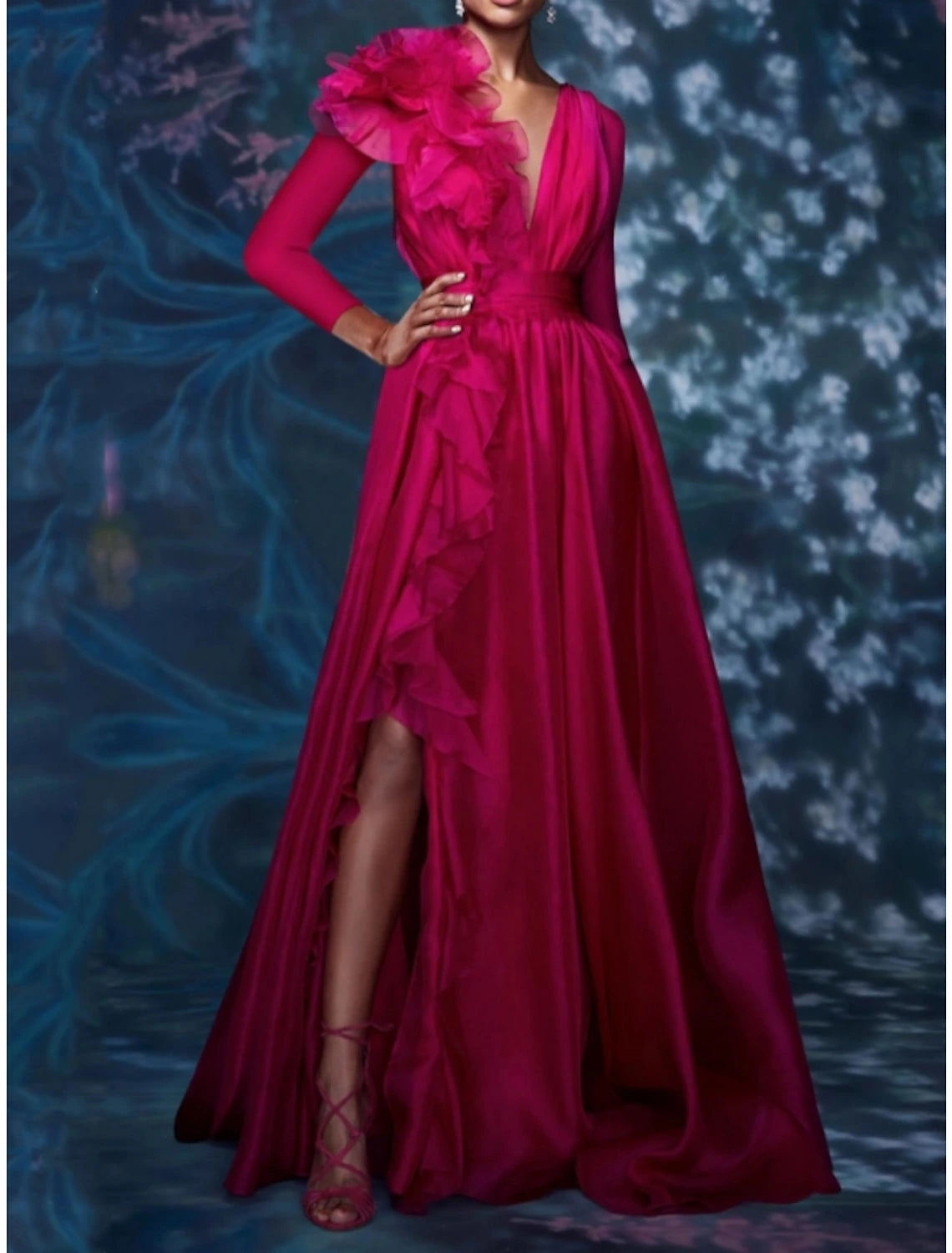 A-Line Evening Gown Floral Dress Christmas Red Green Dress Wedding Guest Wedding Party Floor Length Long Sleeve V Neck Chiffon with Pleats Slit