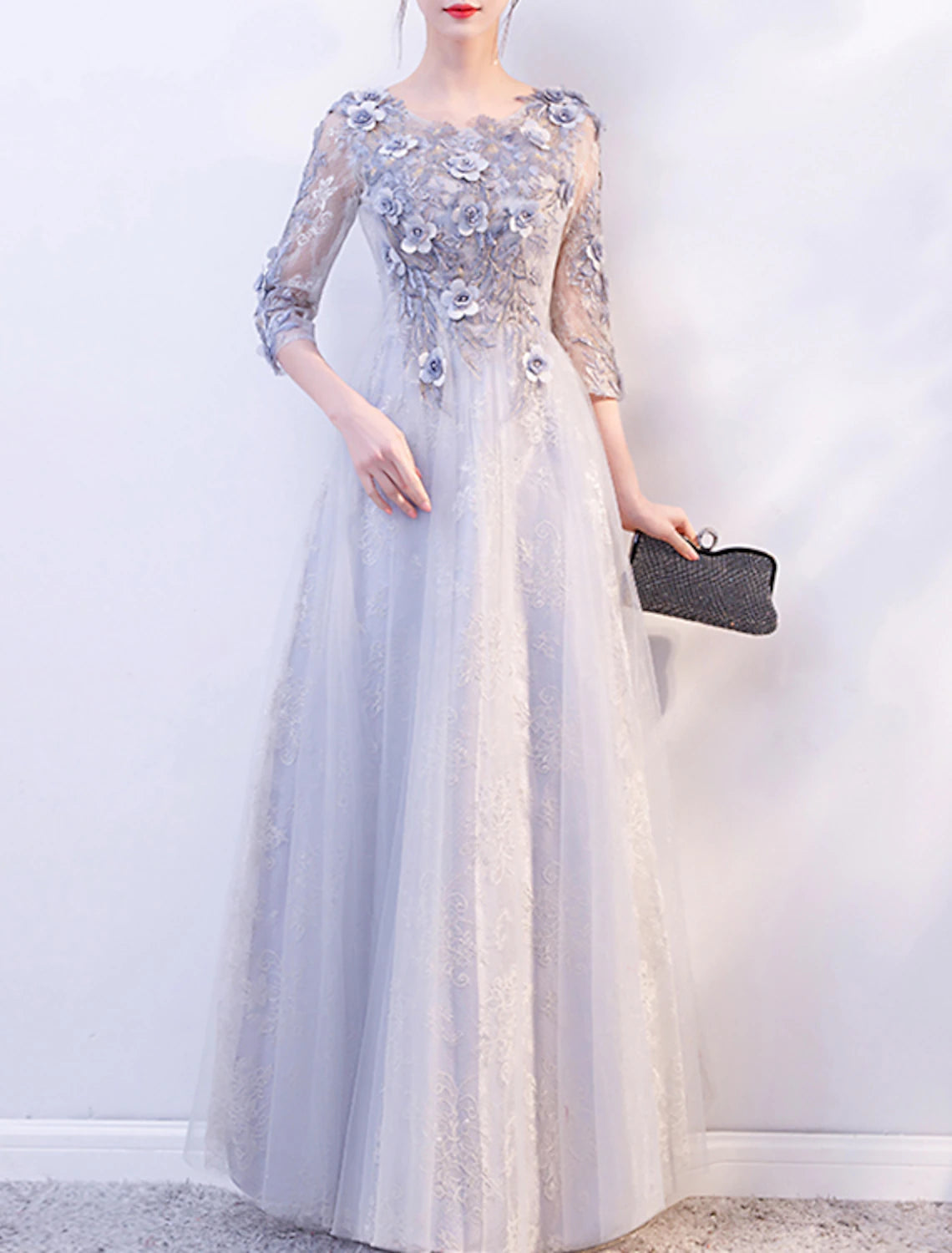 A-Line Evening Gown Floral Dress Wedding Guest Formal Evening Floor Length 3/4 Length Sleeve Jewel Neck Tulle with Appliques