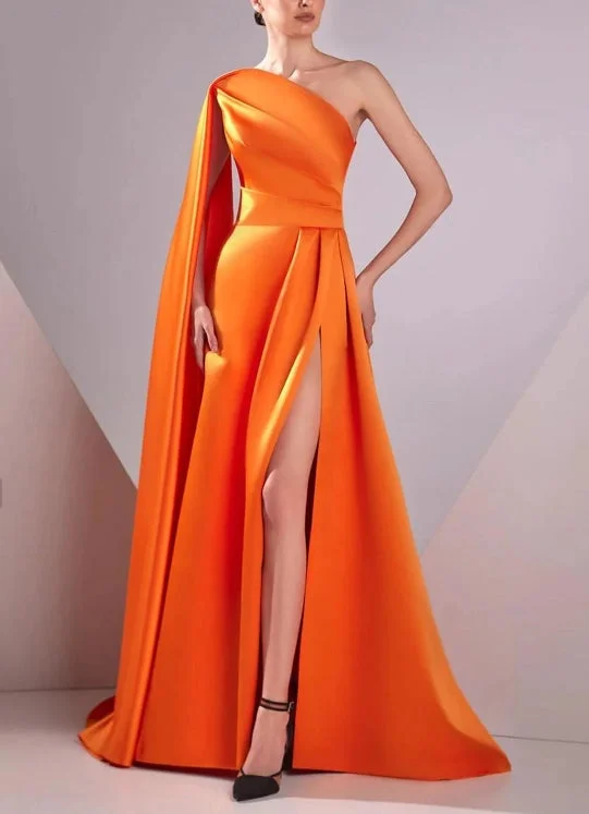 A-Line Evening Gown Sleeveless One Shoulder Pocket Satin with Ruched