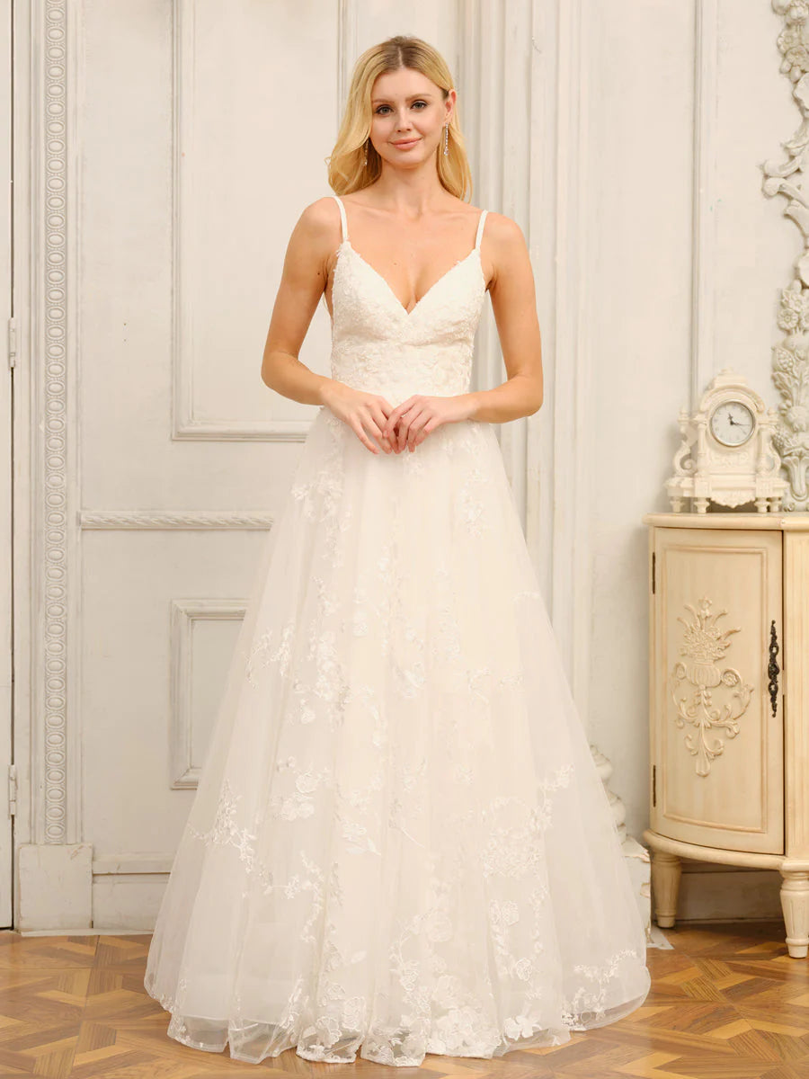 A-Line/Princess Spaghetti Straps V-Neck Sleeveless Long Wedding Dresses With Appliques