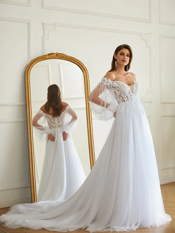 A-Line/Princess Tulle Applique Off-the-Shoulder Long Sleeves Chapel Train Wedding Dresses