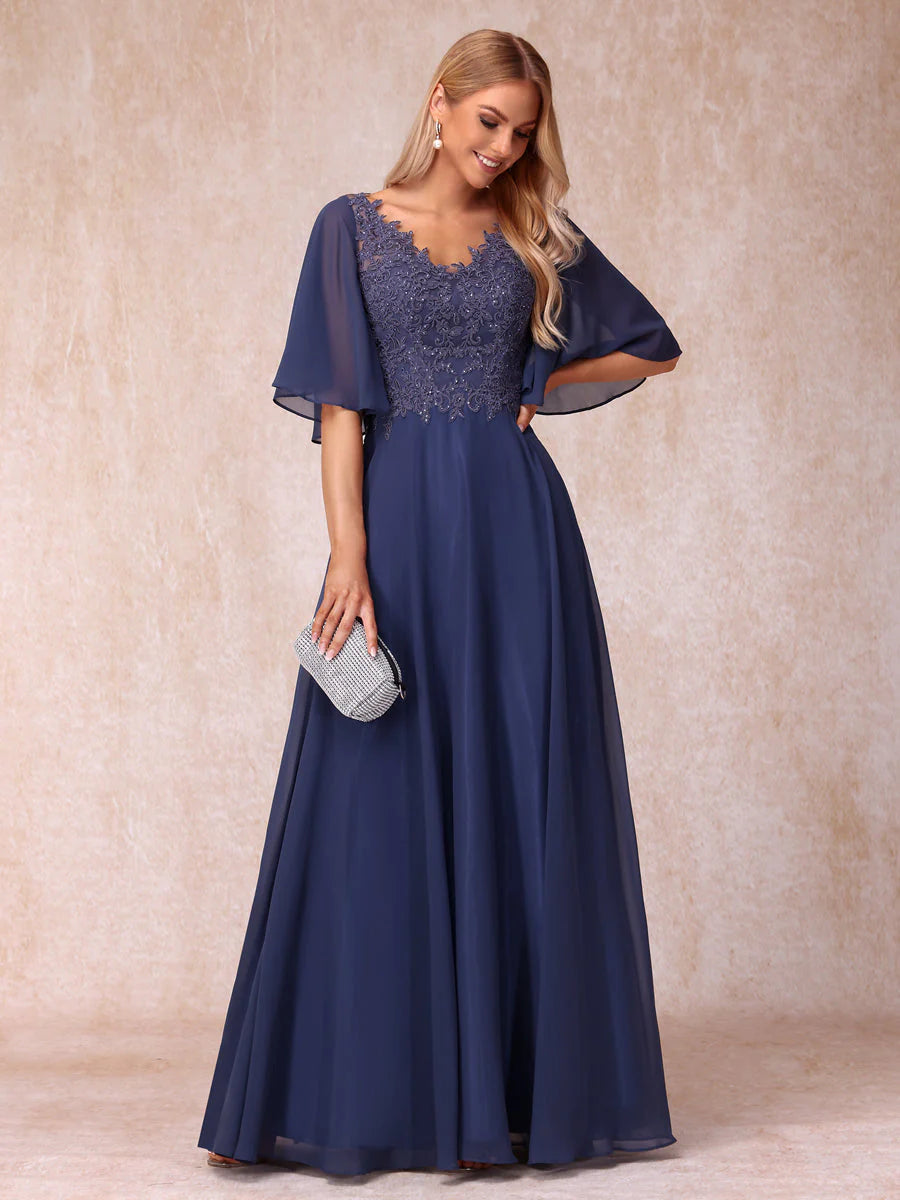 A-Line/Princess V-Neck Half Sleeves Long Formal Evening Dresses With Beading