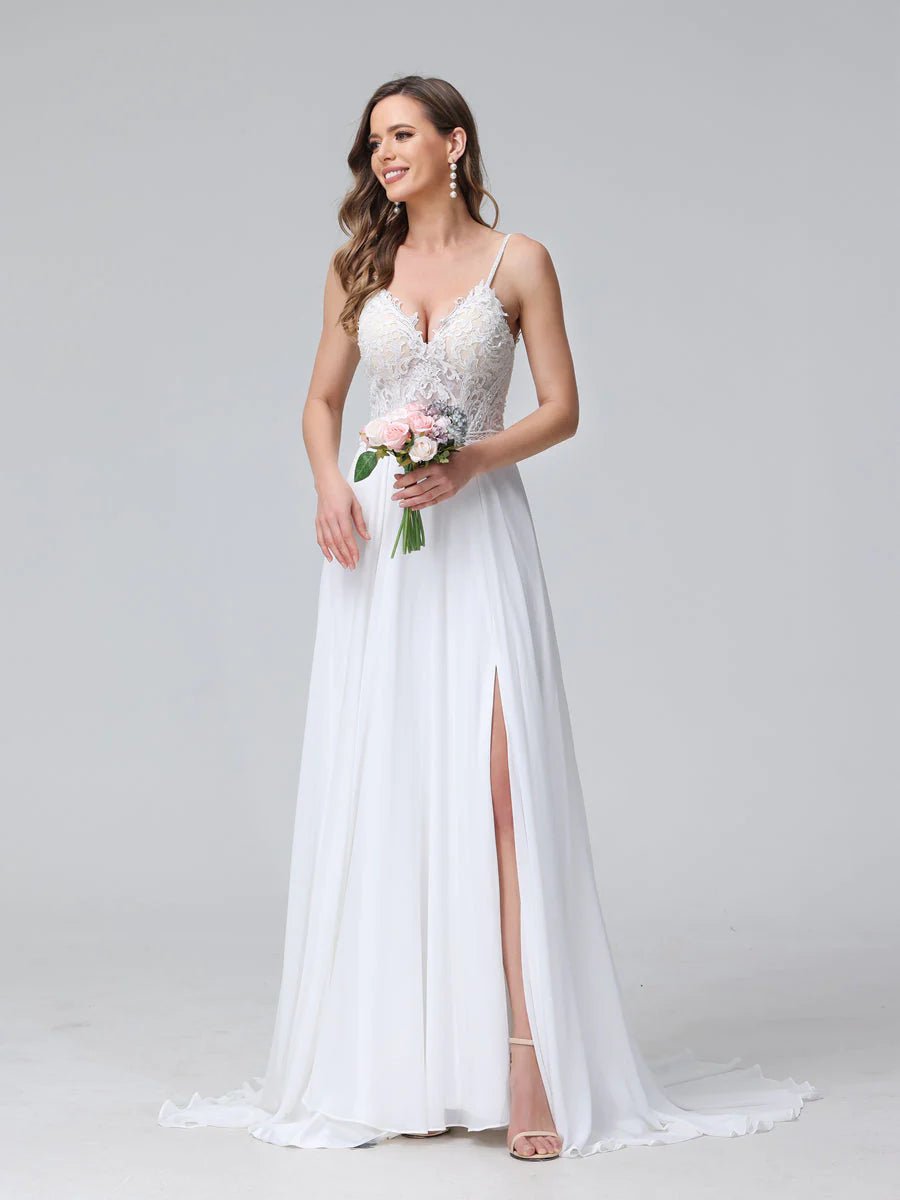 A-Line Spaghetti Straps V-Neck Sleeveless Long Chiffon Wedding Dresses With Applique Split Side