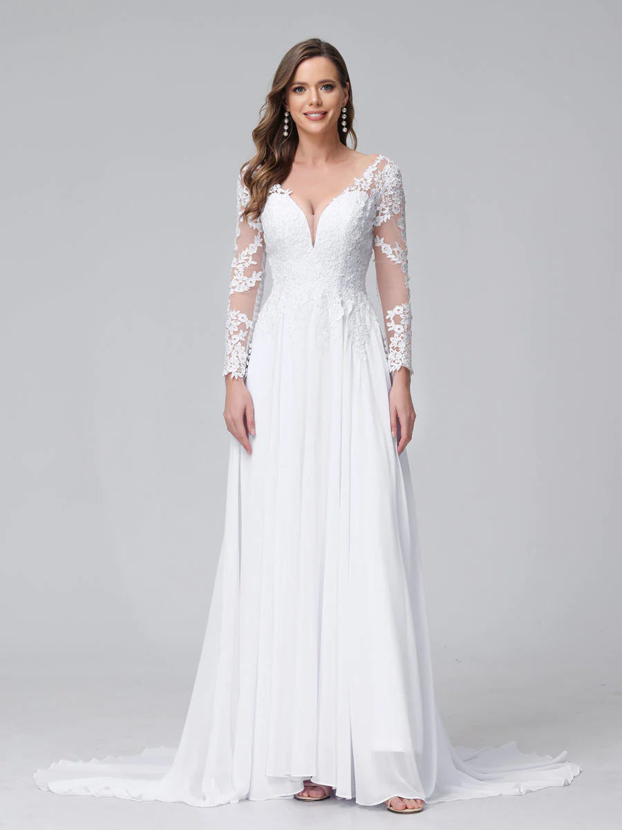 A-Line V-Neck Long Sleeves Long Chiffon Wedding Dresses With Lace Applique