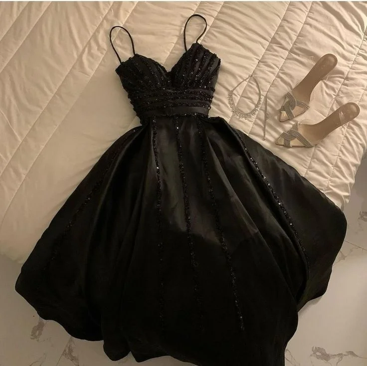 Black Straps Sequins A-Line Long Formal Party Dress Evening Gown, DP3485