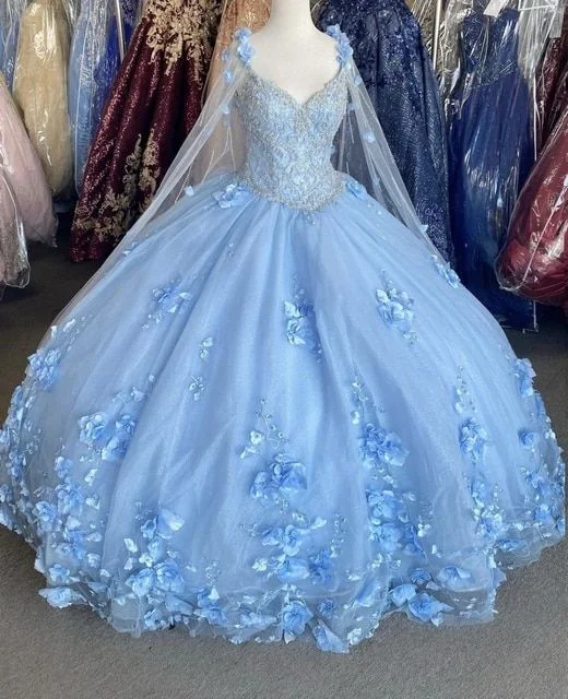 Blue flowers tulle ball gown , chic prom dress,DS4384