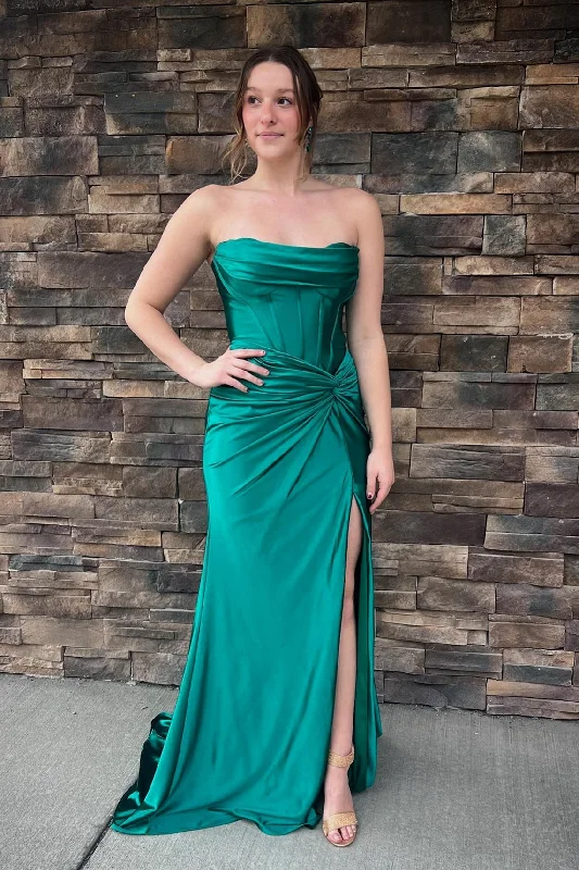 Green Ruched Strapless Mermaid Long Prom Dress