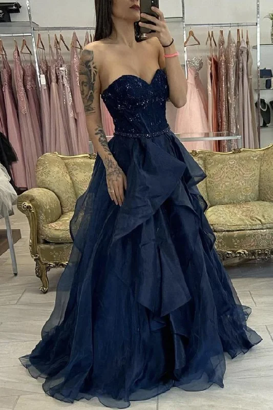 Blue tulle lace long prom dress A line evening dress,DS3180