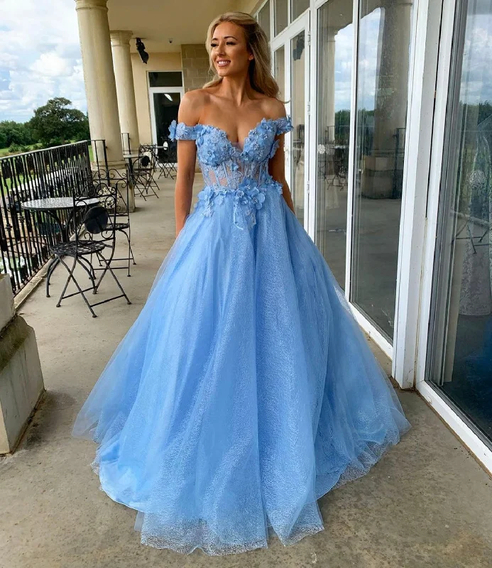 BLUE TULLE LACE LONG PROM DRESS BLUE EVENING DRESS,DS4521