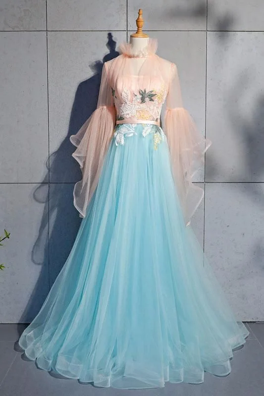 Blue tulle lace long prom dress, blue tulle evening dress,DS4201