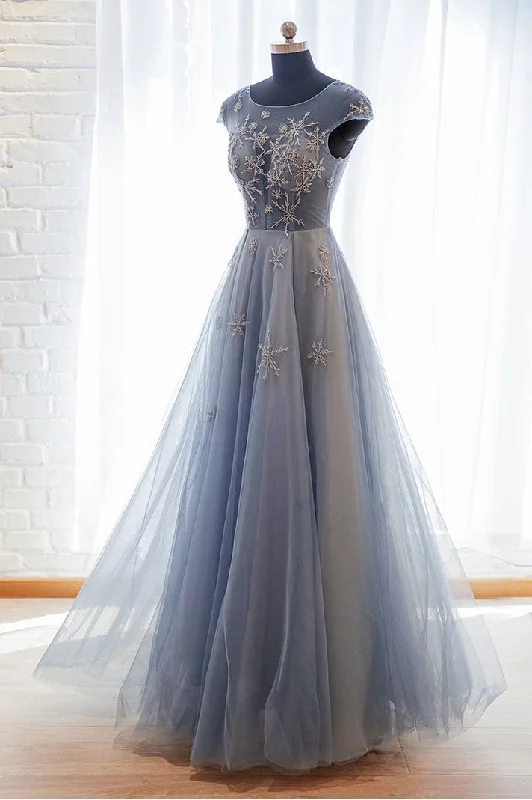 Blue tulle lace long prom dress blue tulle formal dress,DS2377