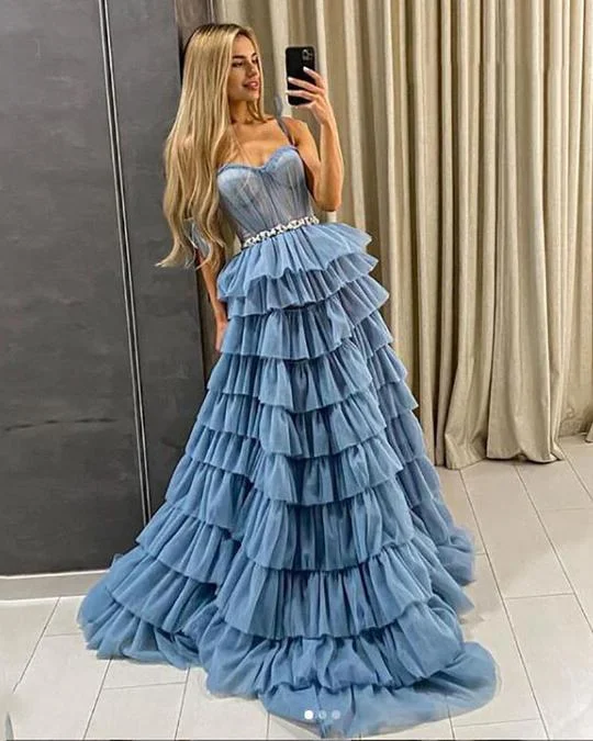 BLUE TULLE SWEETHEART PRINCESS PROM DRESS PUFFY TIERED LONG EVENING DRESS PROM PARTY DRESSES.DS3049