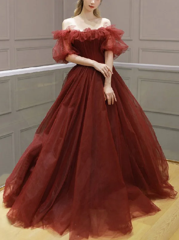 Burgundy off shoulder tulle long prom dress, burgundy evening dress,DS4545