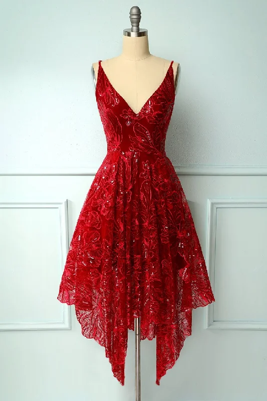 Burgundy v neck lace high low prom dress lace formal dress,DS2126