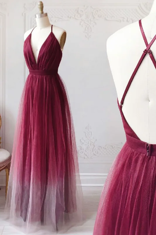 Burgundy v neck tulle long prom dress burgundy tulle long formal dress,DS2354