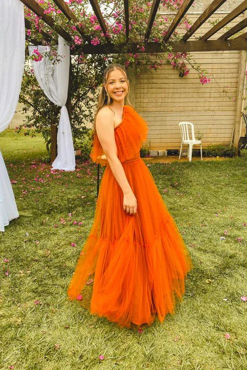 Burnt Orange One Shoulder A-Line Tulle Long Prom Dress Occasion Dress, DP3541