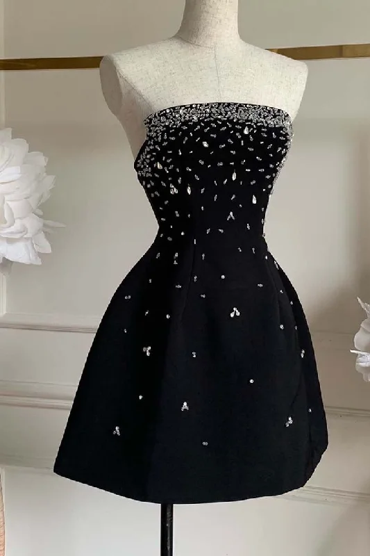 Charming Black Strapless A-Line Beading Short Homecoming Dress, DP3422