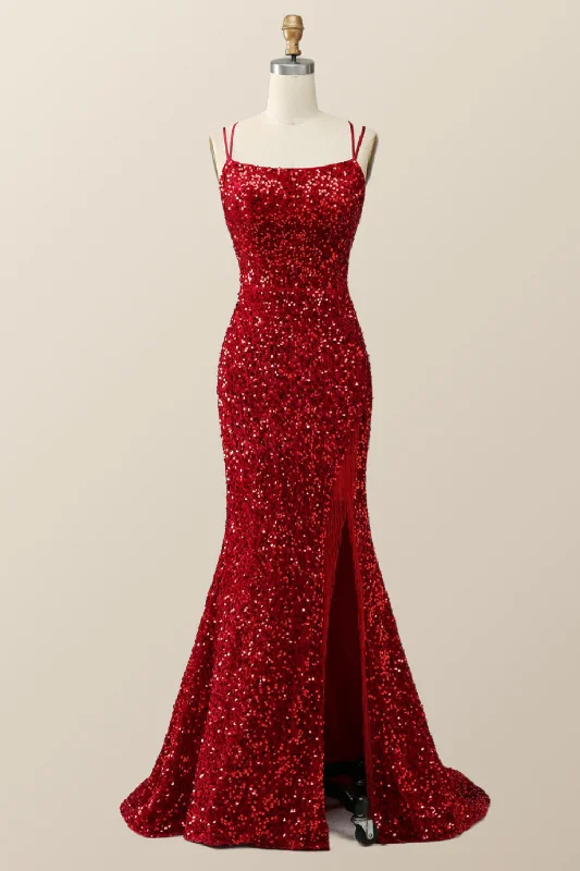 Double Straps Red Sequin Mermaid Long Prom Dress