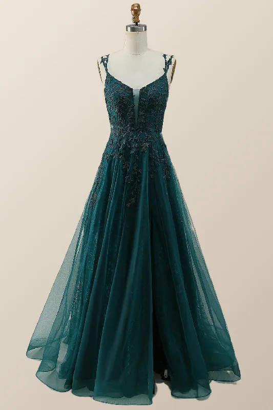 Dark Green Lace Appliques A-line Long Prom Dress