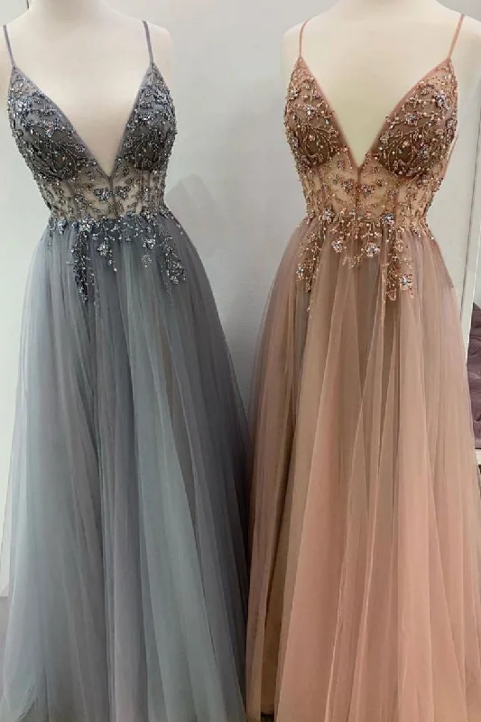 Elegant A line tulle lace long prom dress, tulle formal dress,DS2323