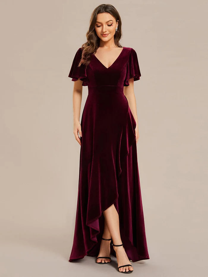 Elegant Double V-Neck Short Sleeves Velvet Evening Dress