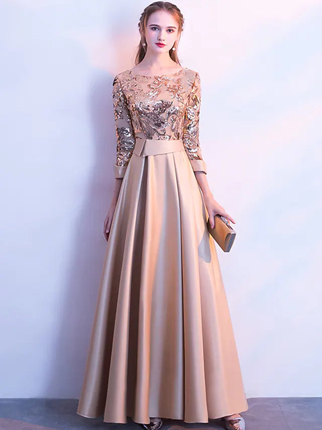 Elegant Prom Formal Evening Dress Jewel Neck Length Sleeve Floor Length Satin with Sequin