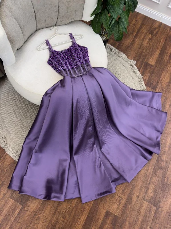 Elegant Purple Straps A-Line Beading Satin Long Prom Dress Evening Gown, DP3483