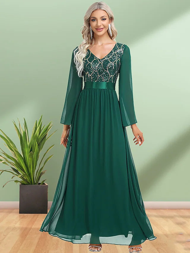 Evening Gown Elegant Dress Party Wear Floor Length Long Sleeve V Neck Chiffon with Sequin