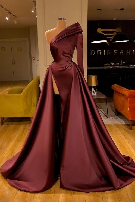 Fabulous Cabernet One Shoulder Long Sleeves Prom Dress Split With Overskirt,DS4679