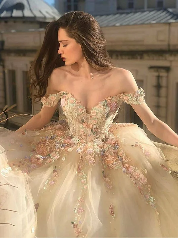 Gorgeous Off Shoulder Long Champagne Lace Floral Prom Dresses, Off Shoulder Champagne Formal Dresses, Floral Evening Dresses,DS4363