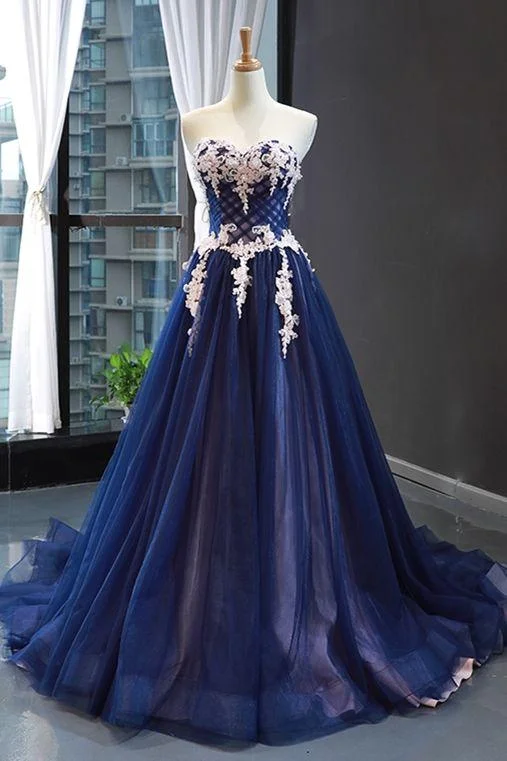 Gorgeous Prom Dresses Sweetheart Navy Blue Evening Long Dresses Lace Appliques Womens Dresses,DS4255