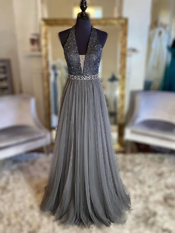 Gray v neck tulle beads long prom dress, gray tulle formal dress,DS1964