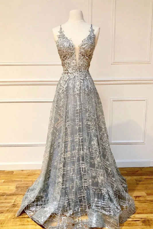 GRAY V NECK TULLE LACE LONG PROM DRESS GRAY EVENING DRESS .DS3052