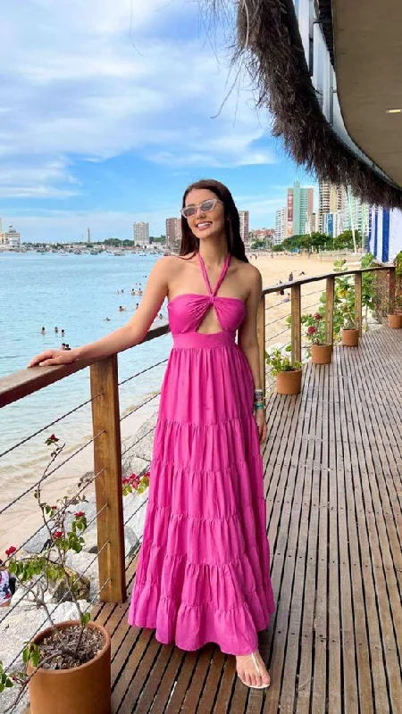 Hot Pink Halter A-Line Fashion Summer Dress Long Guest Dress, DP3420