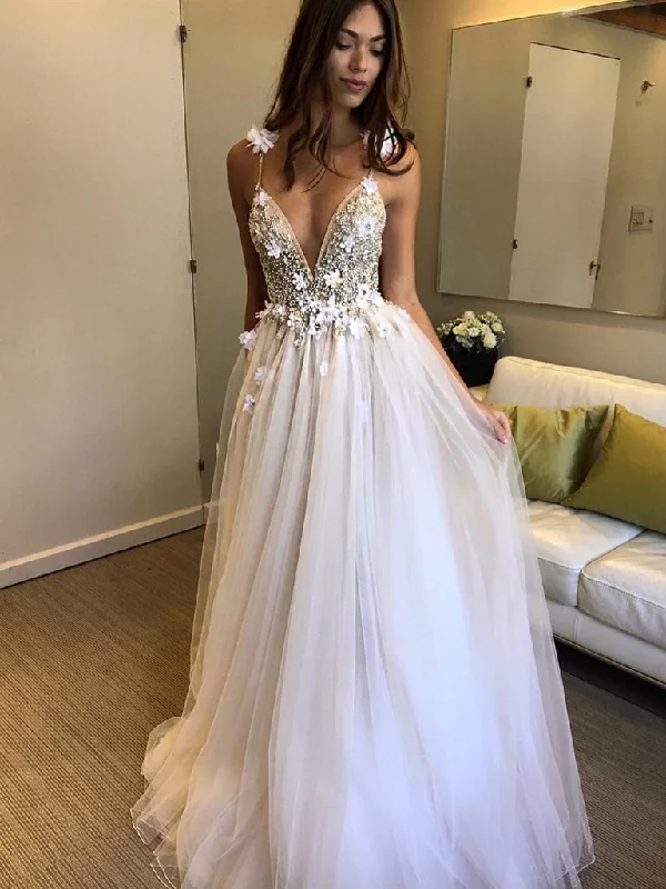 Ivory V Neck Backless Beaded Wedding Dresses with 3D Flowers, Ivory Backless Floral Prom Dresses Evening Dresses,DS1786