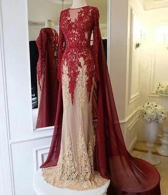 Lace Appliques Evening Dress Formal Long Prom Party Gown with Cape,DS4229