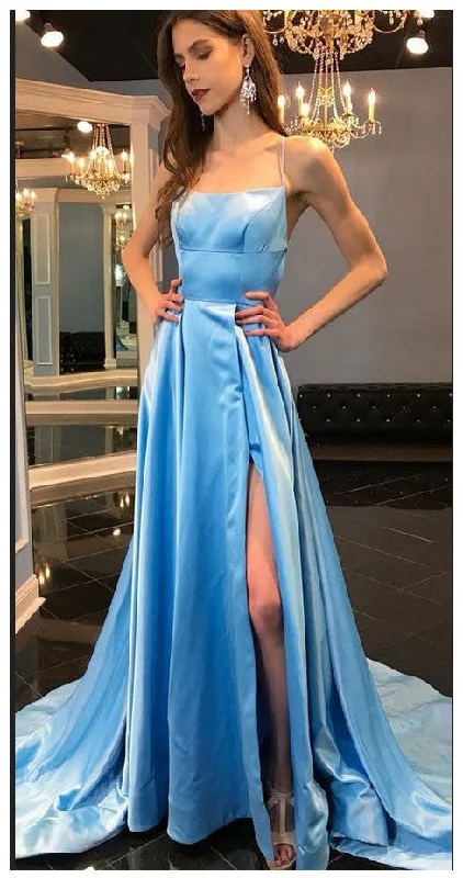 Long Prom Dress,Women Party Gowns,Blue Formal Gowns,Straps Prom Dresses,Split Prom Dress,DS4268