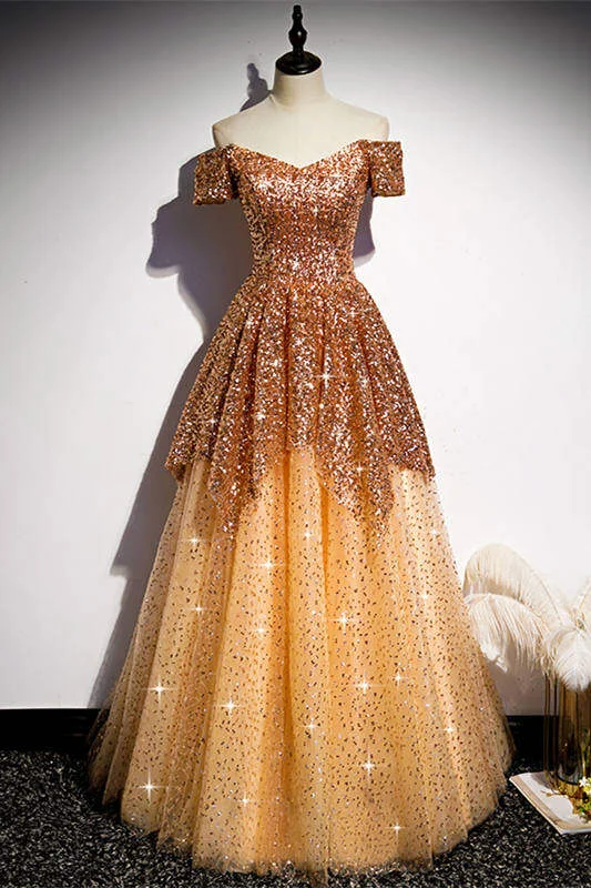 Off the Shoulder Gold Long Prom Dress,DS3489