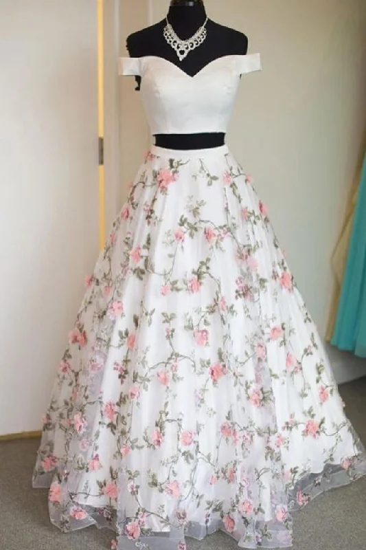 Off the Shoulder White Floral Prom Dresses, Off Shoulder White 3D Flower Long Formal Graduation Evening Dresses,DS1764