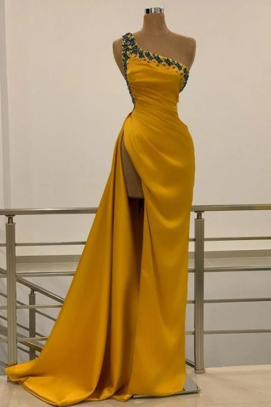 One Shoulder Yellow Slit Prom Dress Long With Beads,DS2785