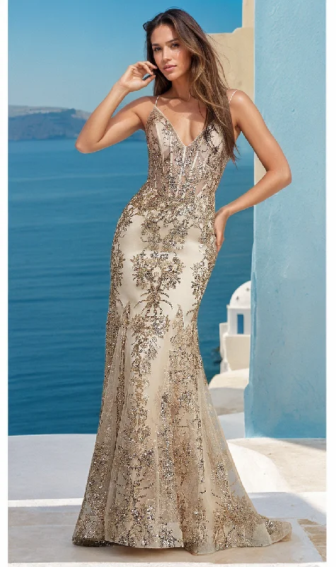 Sheer-Corset Long Prom Dress with Sequin Pattern