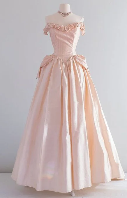 Pink Vintage A-Line Off Shoulder Long Prom Dress,DP1622