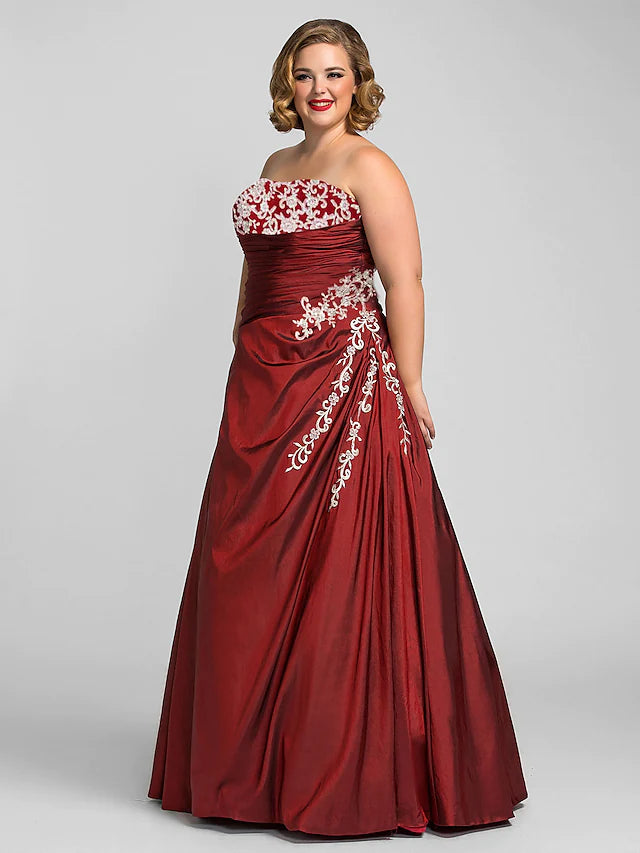 Plus Size Prom Formal Evening Dress Strapless Sleeveless Floor Length Taffeta with Beading Appliques