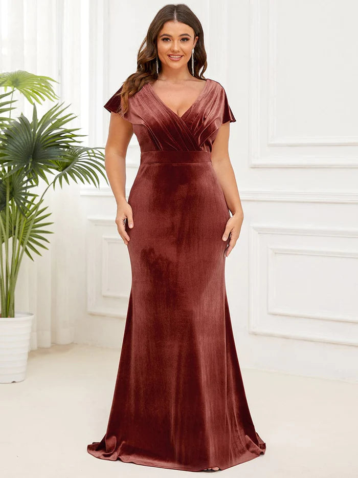 Plus Size Velvet Pleated V-Neck Cap Sleeve Column Floor-Length Evening Dress