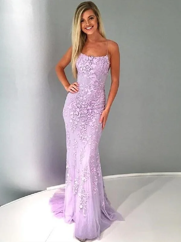 Purple Backless Lace Prom Dresses, Lilac Backless Lace Formal Graduation Evening Dresses,DS1813