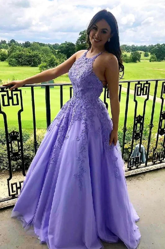 Purple tulle lace long oprom dress A line evening gown,DS3852