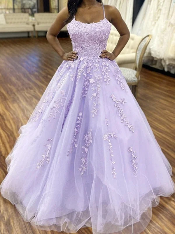 Purple Tulle Long Lace Prom Dresses, Open Back Purple Lace Formal Evening Dresses,DS4461