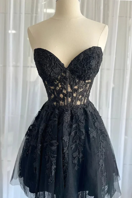 Black Lace Appliques A-line Short Prom Dress